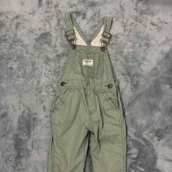 OshKosh B’gosh Sage Green Overalls 2T Floral Lined Stains Playwear - Picture 1 of 6